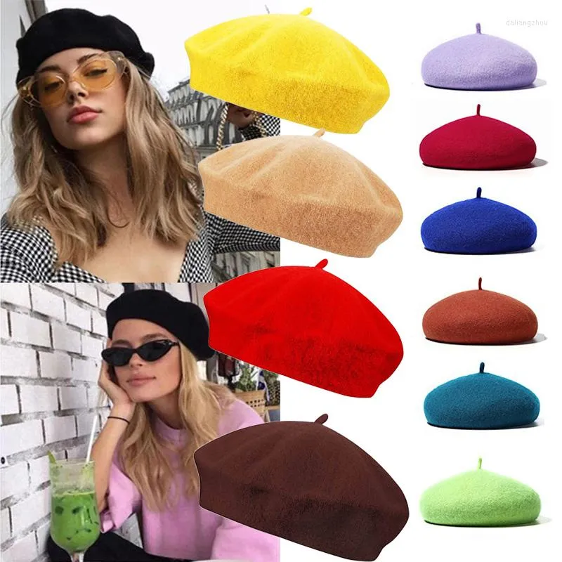 Beretten vrouwen meisjes baret hoed wol warme katoenen straat Franse hoeden vintage gewone doppen beanie stevige kleur elegante motorkap