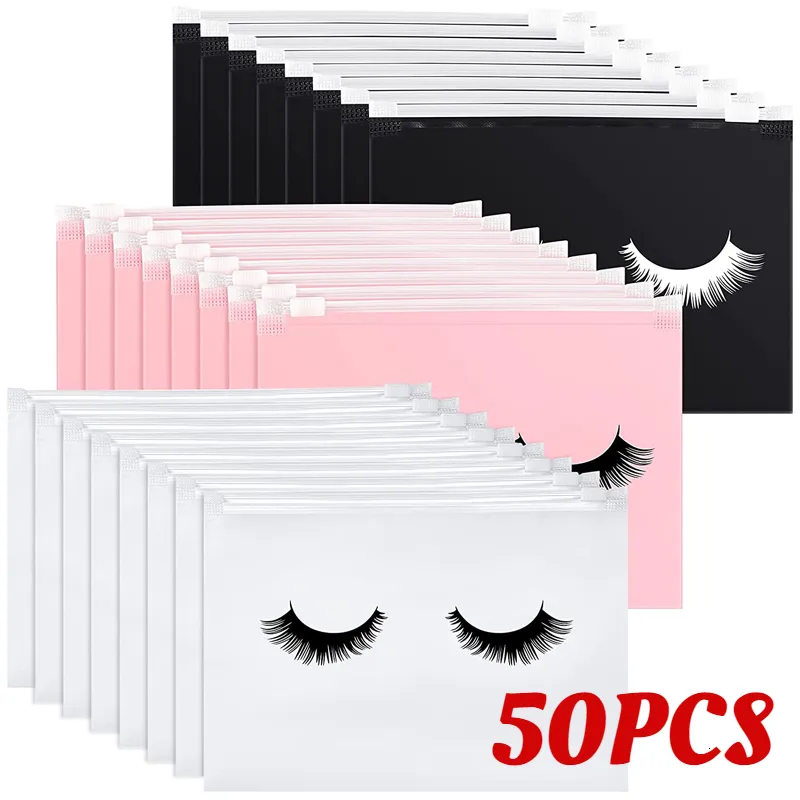 Sacos de armazenamento 50pcs cílios pós -tratamento reutilizável eva maquiagem de maquiagem viajar bolsa plástica bolsa cosmética com zíper 230111