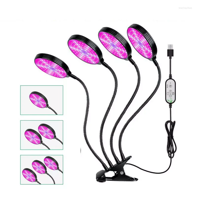 Grow Lights DC5V USB LED -växtljus 4 Huvudblomma Red Blue Phytolamps Timer 15W 60W Desktop Clip Phyto Lamps Flowers Box C1