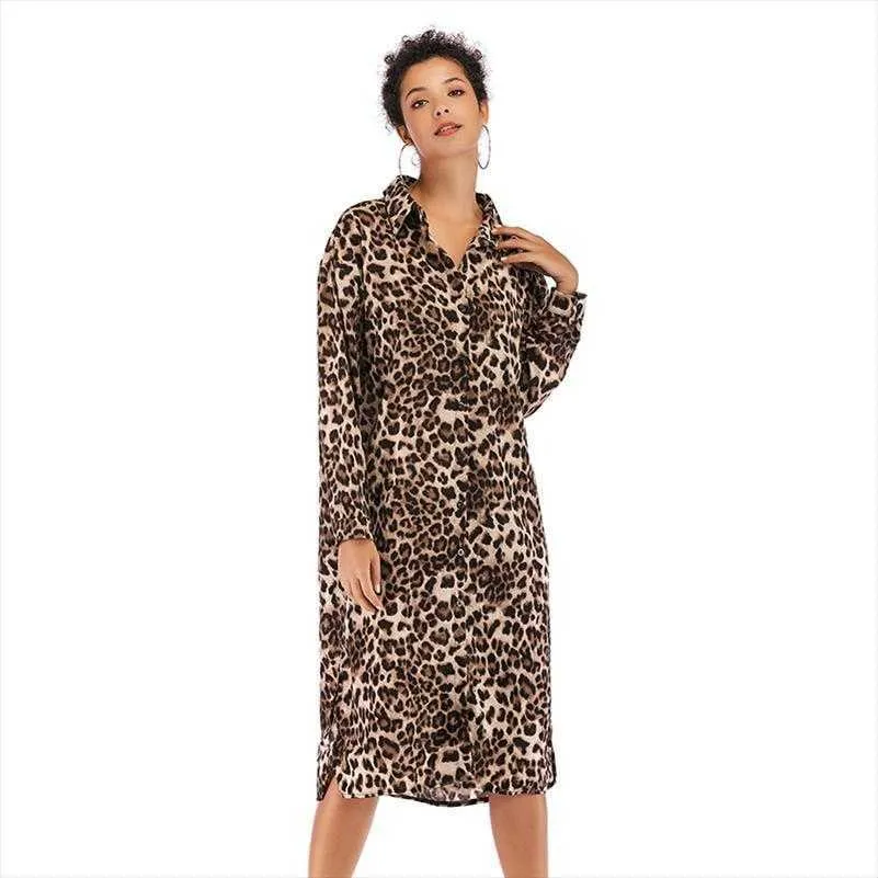 Vestido feminino com estampa de leopardo outono moda sexy comprimento médio a longo camisa dividida