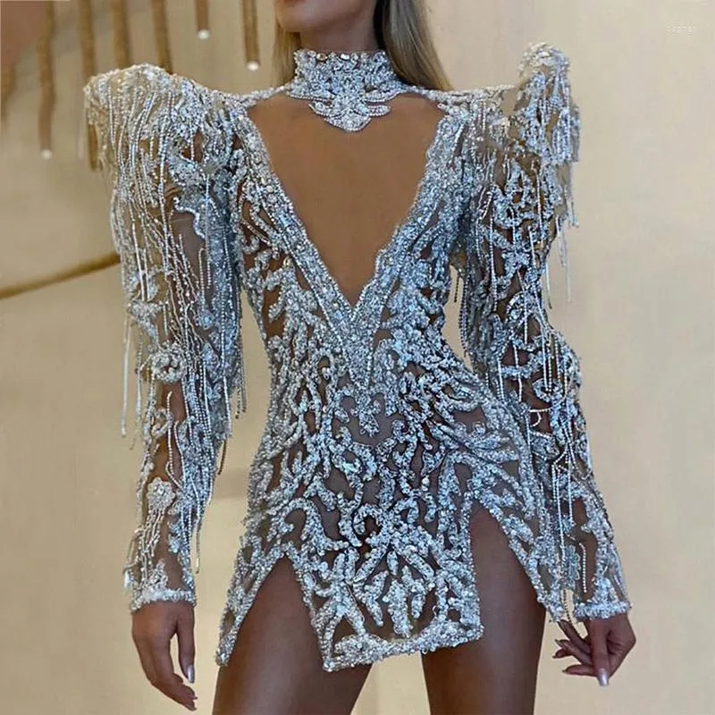 Party Dresses Tromlfz Arrival Lady Sexy Tassel Cocktail High Neck Long Sleeve Hollow Out Slim Dress 2023 Fashion Vestido