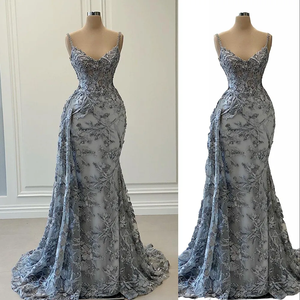 2023 Sexy Evening Dresses Wear Gray Lace Silver Illusion V Neck Spaghetti Straps Mermaid Crystal Beads Sweep Train Overskirts Plus Size Party Prom Gowns