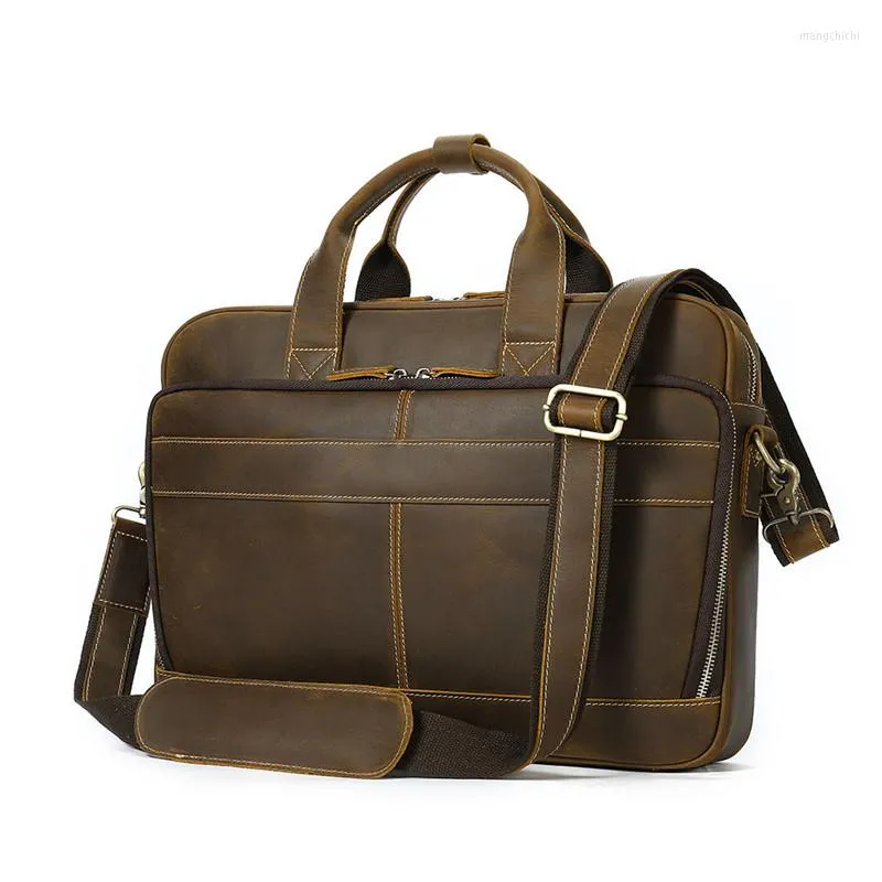 Briefcases High Quality Male Bag Men's Handbag Crazy Horse Leather Briefcase Messenger Shoulder Portfolio Laptop Case Office