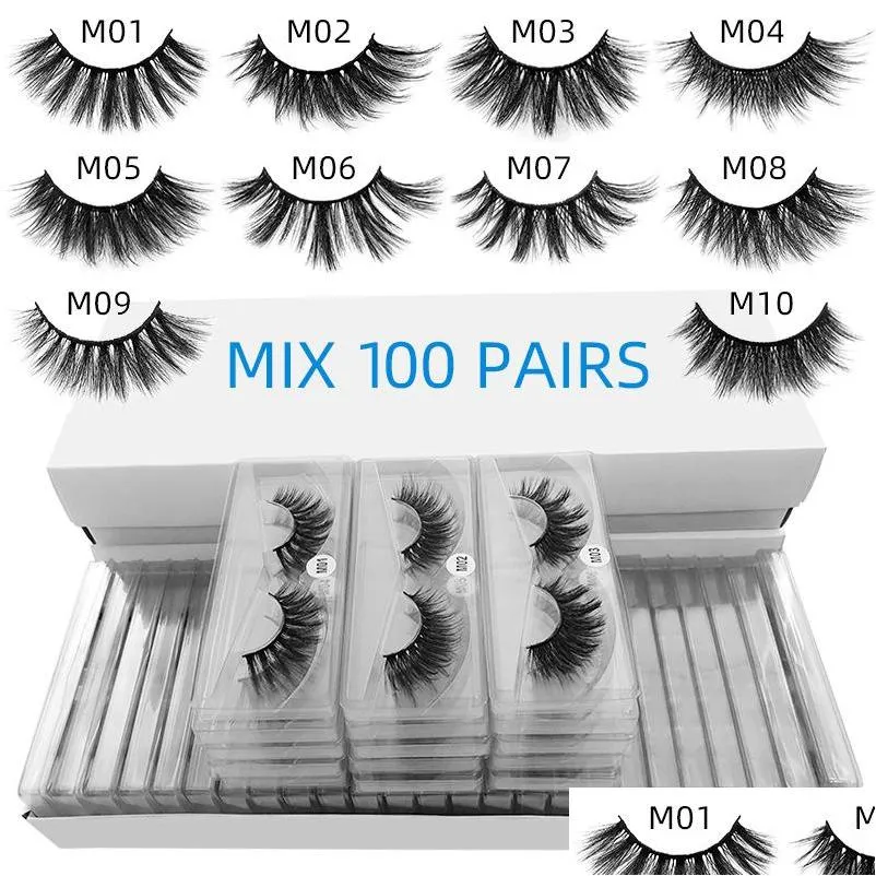 False Eyelashes 100 Pairs A Lot Eye Tail Elongated Style Mix 10 Styles 3D Mink Eyelash Natural Long Hand Made Makeup Transparent Las Dhnul