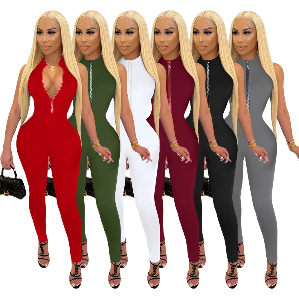 Summer Sleeveless Jumpsuits Women Clothes Spring Autumn Bodycon Rompers Sexy Solid Jumpsuits One Piece Outfits Skinny Overalls Clothes Bulk Items 8414