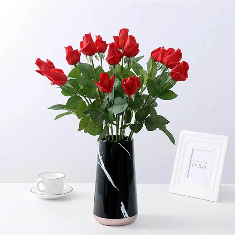 Fleurs décoratives 20 Pièces Real Touch Plastique Artificielle Rose Bud Fleur Branche Rouge Rose Blanc Pour Mariage Baptême Anniversaire Décor