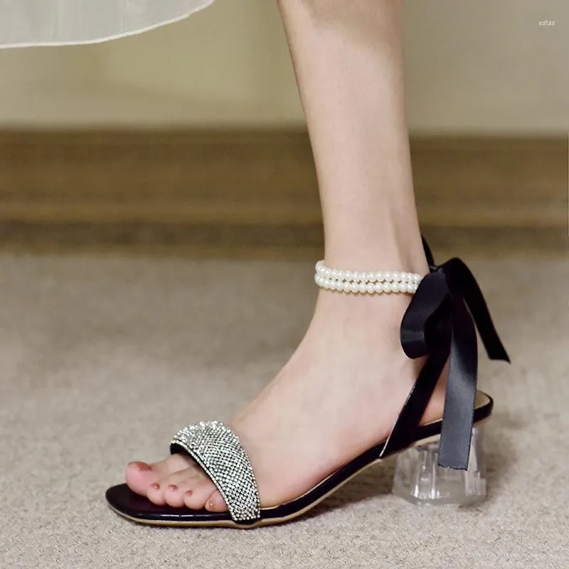 Sandals 6cm High Heels Women's Korean Fashion Rhinestone Square Head Clear Thick Heel One Line Buckle Pearl Roman Women