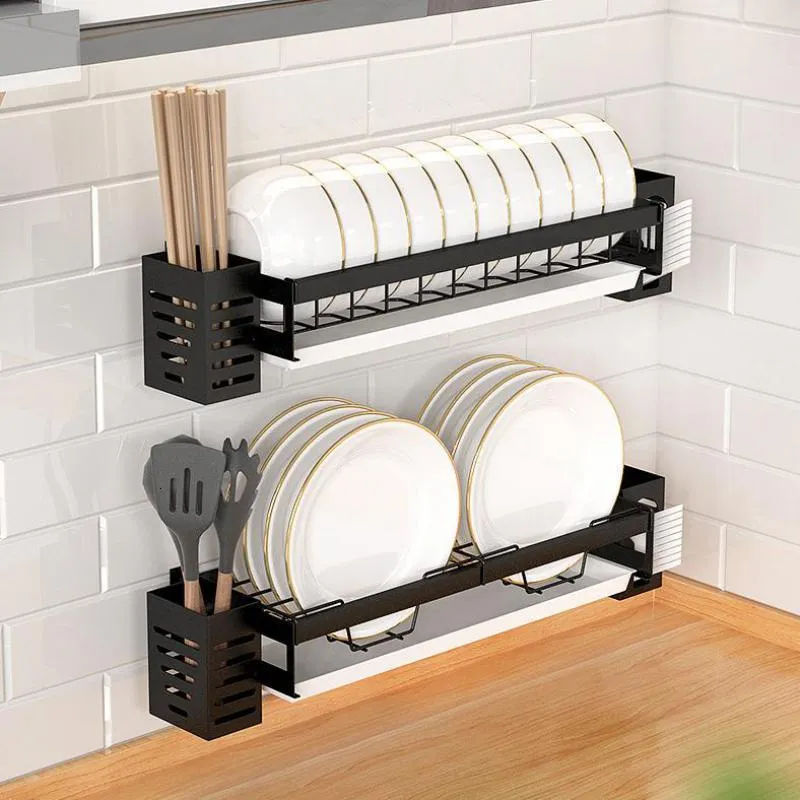 Dish Rack Kitchen Sink Organizer Wall Mounted Drying Rack with Cutlery Holder Space Saver Black