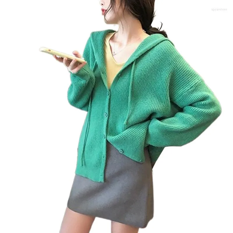 Maglieria da donna Cardigan lavorato a maglia Donna con cappuccio Autunno/inverno Out Wear Camicia a fondo corto Giacca ampia Completo Maglione verde Gilet Femme