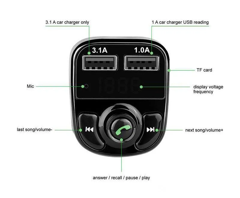 X8 FM 송신기 보조 모듈레이터 키트 Bluetooth Handsfree 오디오 수신기 MP3 플레이어 빠른 충전