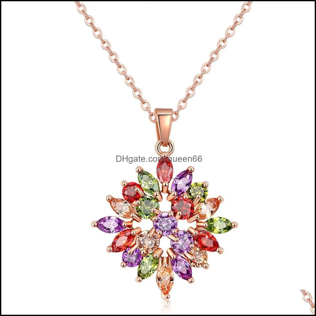 ペンダントネックレスMTicolor Stones CZ for Women Flower Cubic Zirconia Crystal Rose Gold Color Small Jewelry Drop Delivery Pendants OTBVV