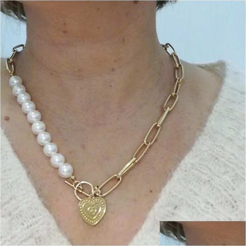 Colares de pingentes jóias de moda pérolas faux pérolas colar de corrente de fivela de fivela amor entrega de gota de coração pingentes dh0jy