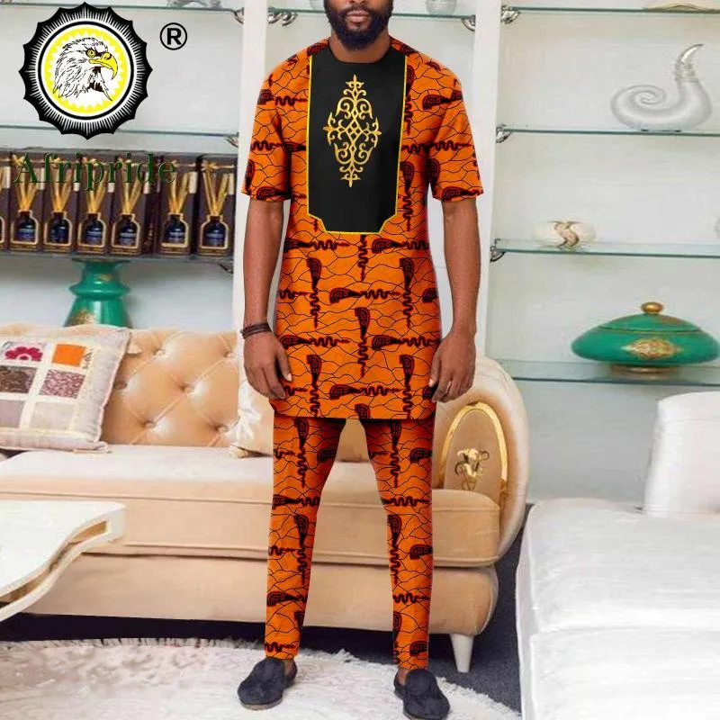 Survêtements pour hommes Survêtement Hommes Vêtements Africains À Manches Courtes Broderie Imprimer Tops Et Pantalons 2 Pièces Ensemble Dashiki Tenues Plus La Taille Casual A22