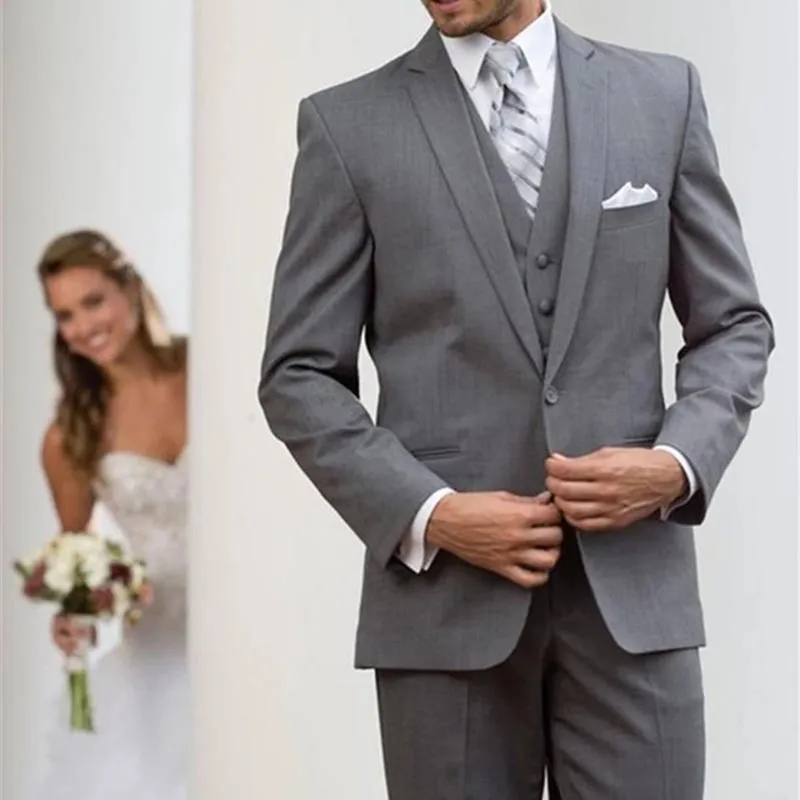 남자 양복 블레이저 2023 패션 라펠 싱글 가슴 숯 회색 신랑 턱시도 웨딩 의상 재킷 바지 조끼 세트