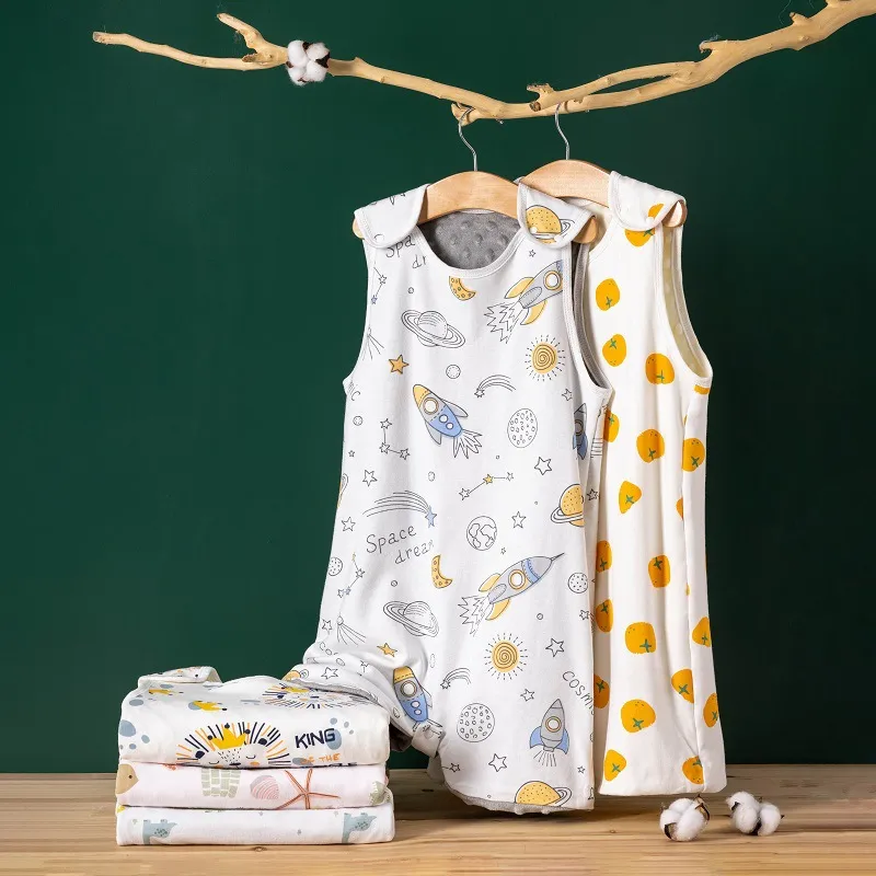 Baby Sleeping Bag Carton Printed Minky Fabric Lining Muslin Cotton baby Sleeveless Vest Sleeping Sack For 0-4Y Kids