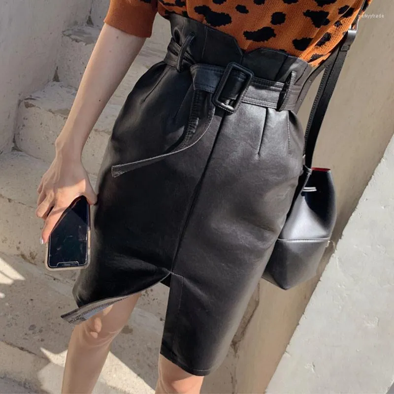 Gonne Pu Lesther Belt Sexy Bodycon Skirt Split Black Office Lady Fashion Elegante Streetwear Tight 2023 Autunno Inverno