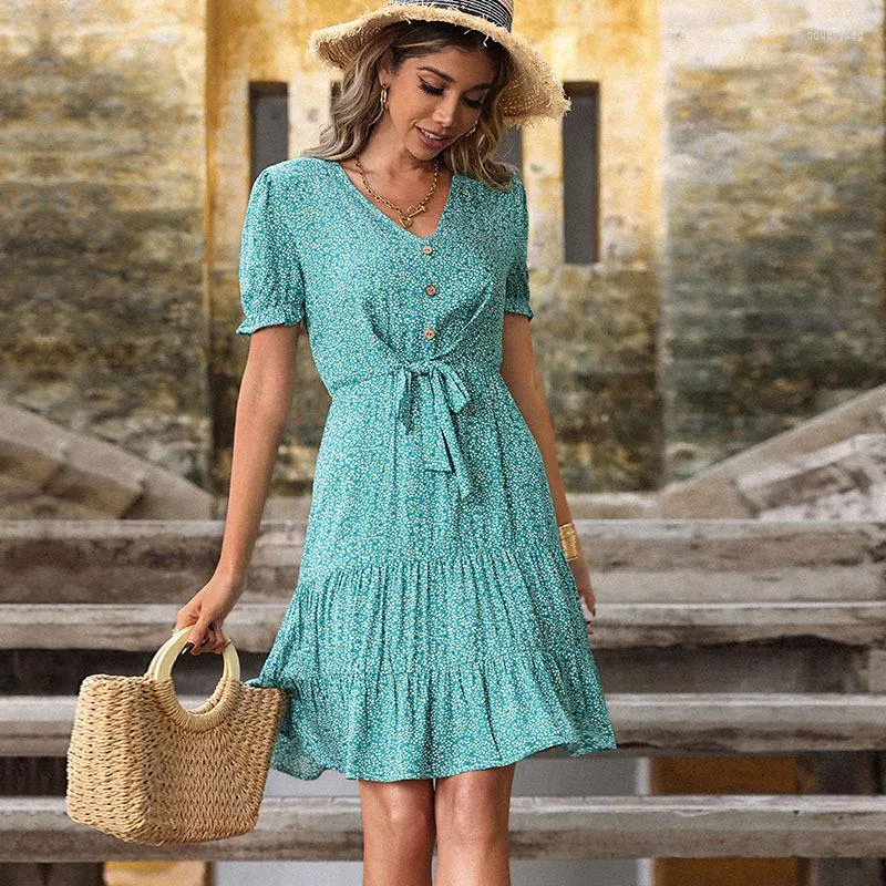 فساتين الحفلات Le Luz Floral Printed Midi Dress Boho Green Vintage Summer Women v-Deace Ruffles Puff Sleeve 2XL Ladies Female