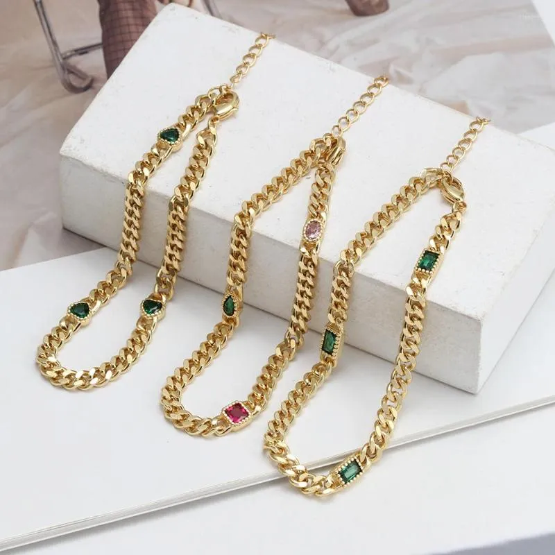 Link Bracelets Wish Card Simple Gold Plated Green Zircon Bracelet For Women Man Fashion Punk Jewelry Accessories Gift Luxury On Hand