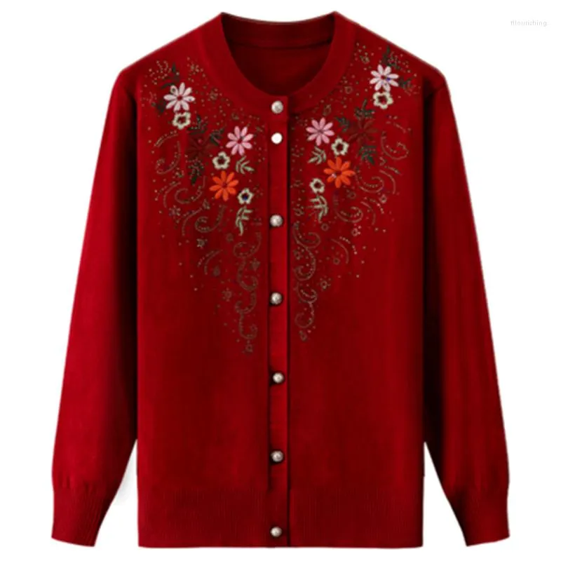 Women's Knits Elderly Women Knit Sweater Coats Large Size Autumn Grandmother Embroidery Knitted Cardigans Jacket H45