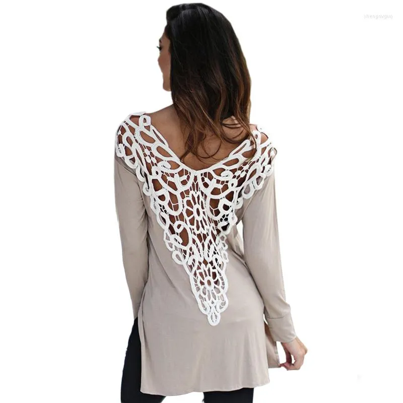 Dames t shirts groothandel-2023 lente zomer sexy shirt kanten haak dames plus maat casual tops lange mouw backless voor poleras