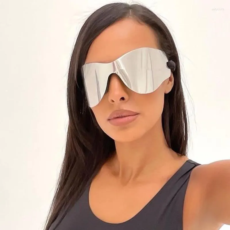 Zonnebril Mode Oversized Zilveren Spiegel Vrouwen Mannen Merk Een Stuk Goggle Bril Vrouwelijke Outdoor Zon