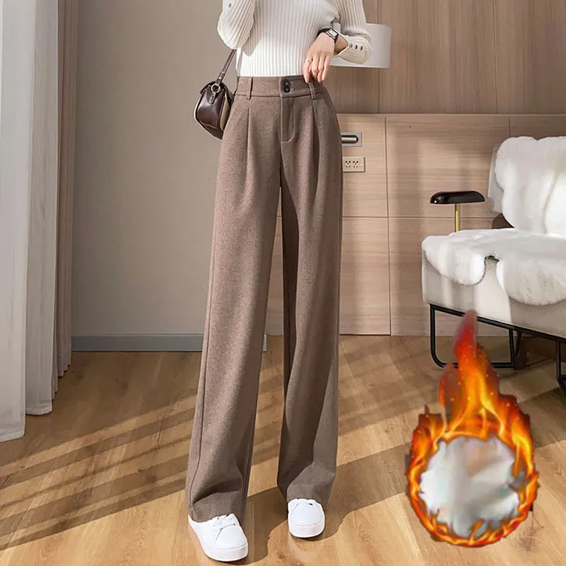 Pantalones de mujer s de lana de invierno para mujer espesar pantalones de pierna ancha cálidos coreanos de cintura alta moda casual elegante oficina 230111