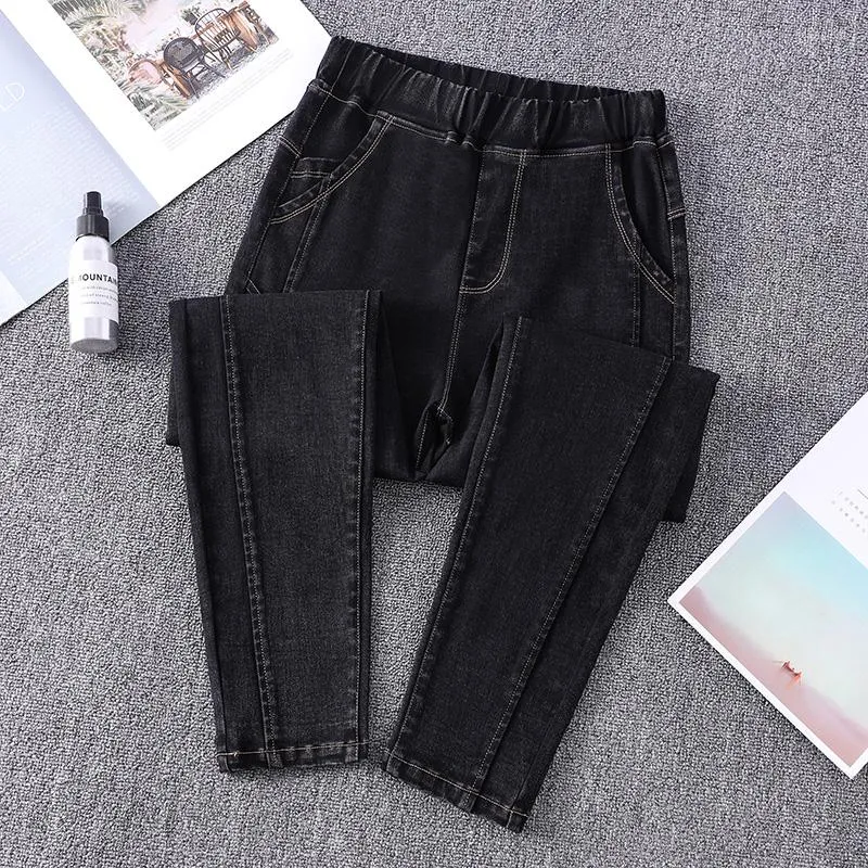 Hosen Schwarze Jeans Frau Hohe Taille Plus Größe Elastische Lose Weichspüler Volle Länge Weibliche Denim Harem 3xl 4xl 5xl