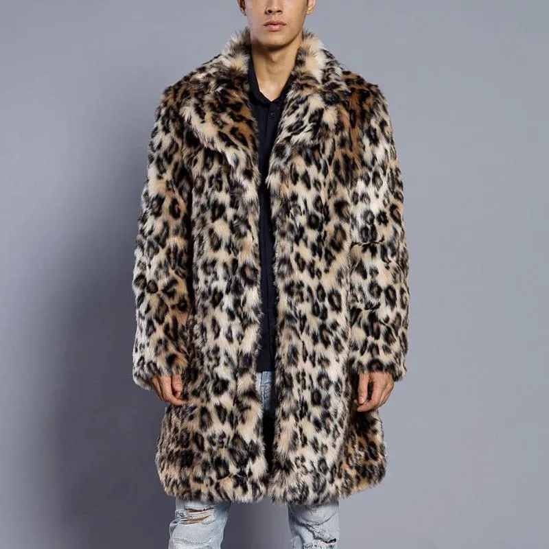 Men's Fur & Faux Mens Leopard Coat Winter Outwear Thick Men Casual Parka Jackets Long Leather Warm Overcoats Genuine Brand Clothing