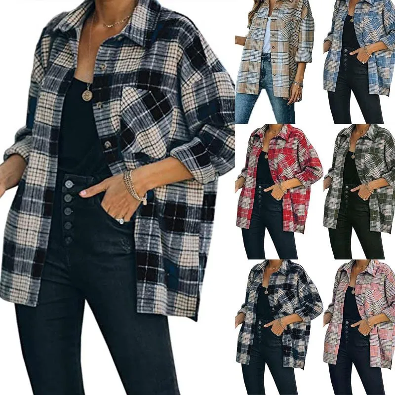 Women's Blouses Women's Flannel Plaid Light Weight Thin Jacket Shirts Raglan Long Sleeve Button Down Chest Pocketed Coats Shacket