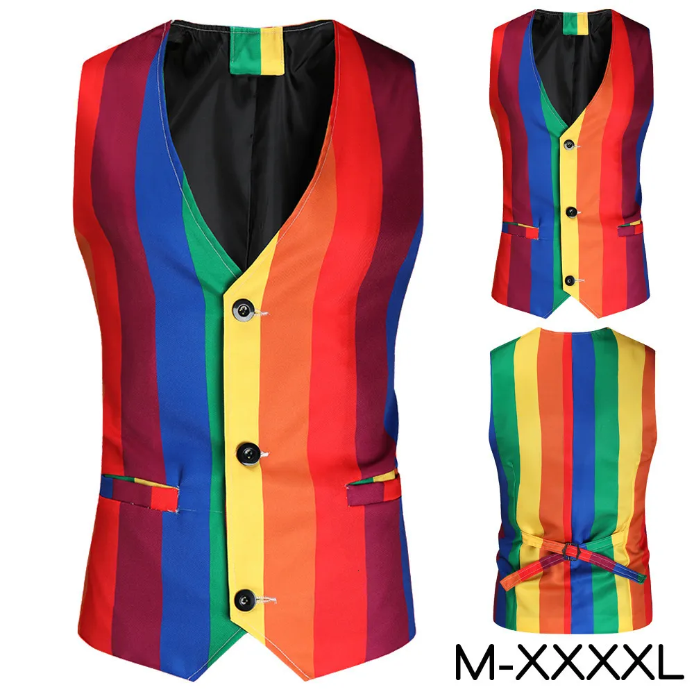 Erkekler Yelekler Gökkuşağı Stripes Suit Yelek Moda İngiliz Kore Versiyon Giyim Ziyafet Modaya Düzenli Tek Kelime Breated İnce Yelek 230112