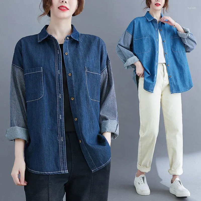 Blusas de mujer Camisa vaquera Mujer 2023 Primavera Otoño Coreano Tamaño grande Costura a rayas Diseño Retro Abrigo de manga larga Top de moda