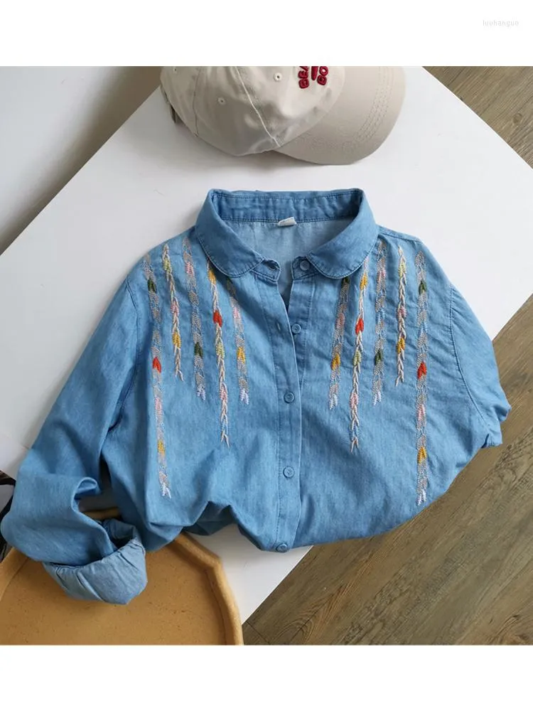 Женские блузки Lamtrip Мягкая джинсовая рубашка для кисточки виноградной пшеницы окрашенная нить вышивая романтическая блузка Mori Girl 2023 Spring