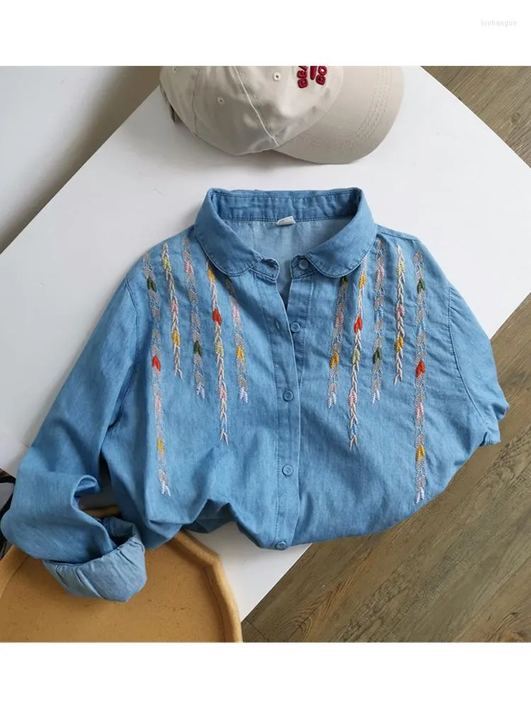 Women's Blouses Lamtrip Soft Denim Shirt Tassel Vine Wheat gekleurde draad Borduurwerk Romantische blouse Mori Girl 2023 Spring