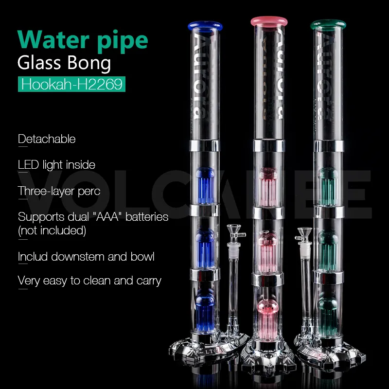 Accessoire de fumée détachable Aurora LED Pipe à eau Kits de bang en verre Narguilés Sillicon Pipes à tabac 22 pouces pour fumer