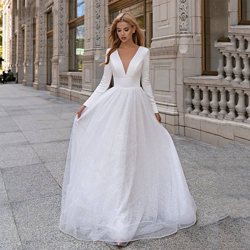 2023 Glitter Tulle A Line Wedding Dresses Deep V Neck Backless Bridal Gowns For Women With Long Sleeves Sweep Train