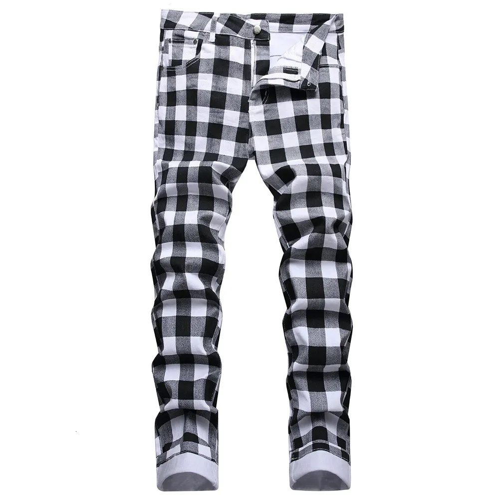 Men's Jeans Black and White Plaid Printed Fashion Check Digital Print Slim Straight Pants Stretch Trousers 230113