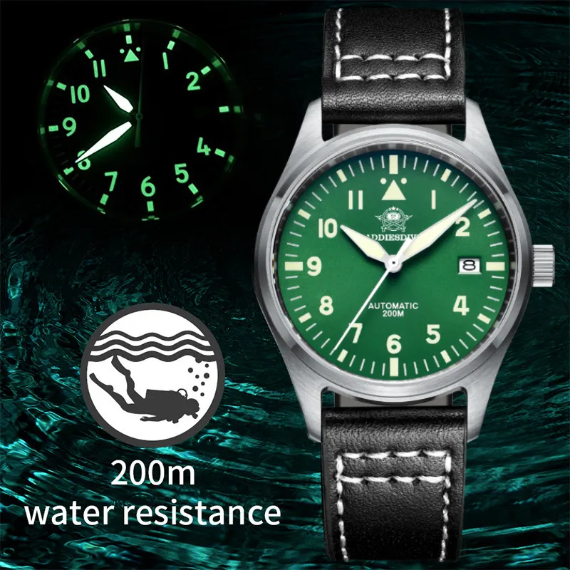 Wristwatches ADDIESDIVE Automatic NH35 Movement Pilot Watch C3 luminous Black Dial and 39mm Case waterproof Sapphire glass 200M Dive watches 230113