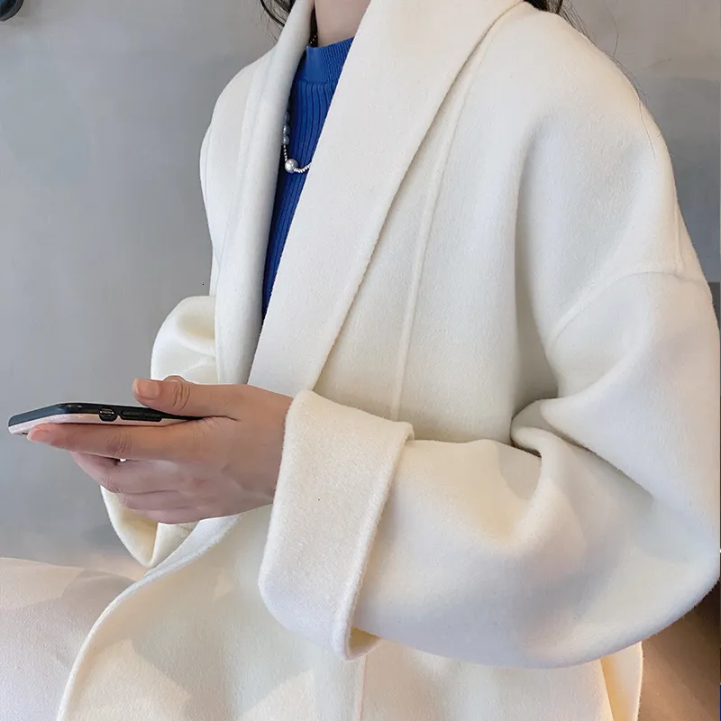 Cappotto da donna in misto lana bianco puro con lacci double face soprabito elegante per l'autunno inverno capispalla con cintura lunghezza regolare 230112