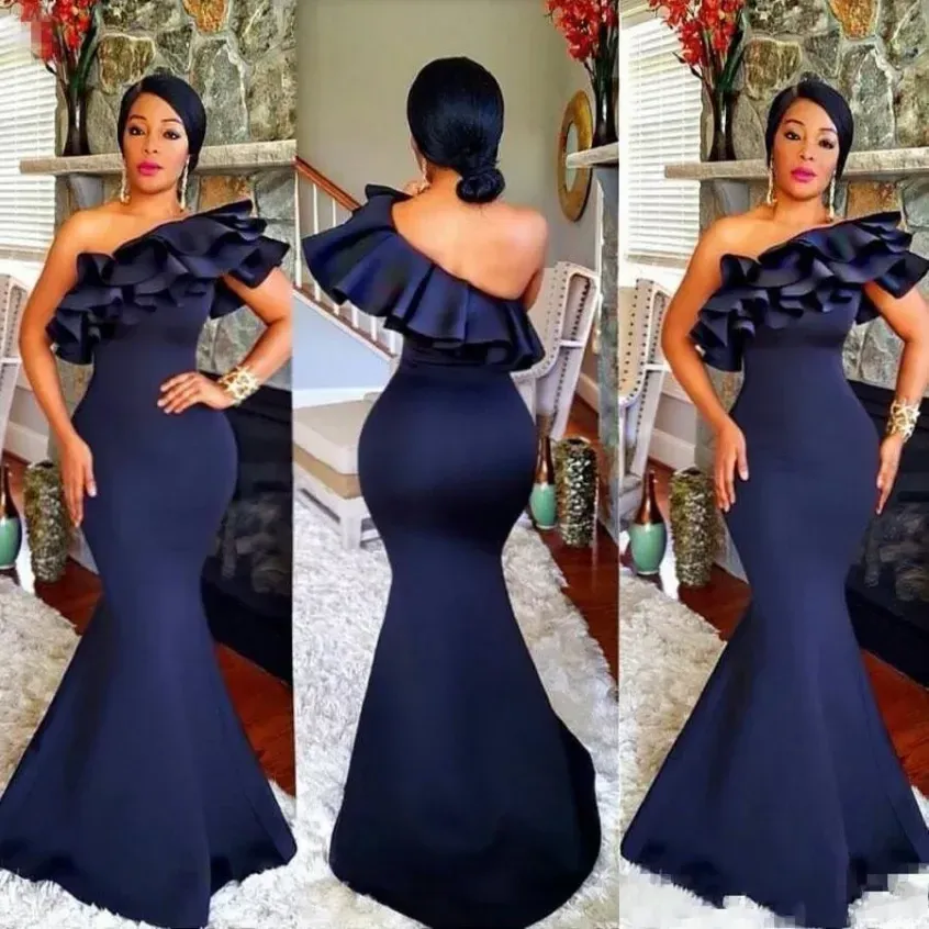 Blue Off The Shoulder Prom Dresses Ruffles Satin Mermaid Long Brides Tmaid Gowns African Women Formal Party Dress 2023