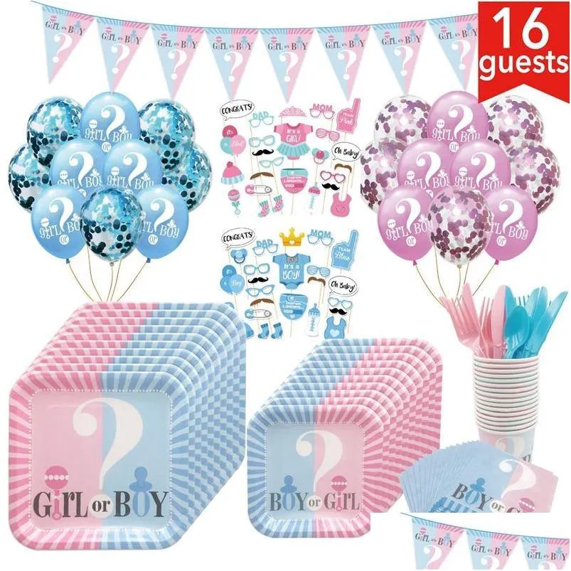 Decorazione per feste Gender Reveal Deco Forniture Set di stoviglie usa e getta Rosa / Blu Ragazzo o ragazza Piatti di carta Tazze per Baby Shower fai da te Dr Dhlvm