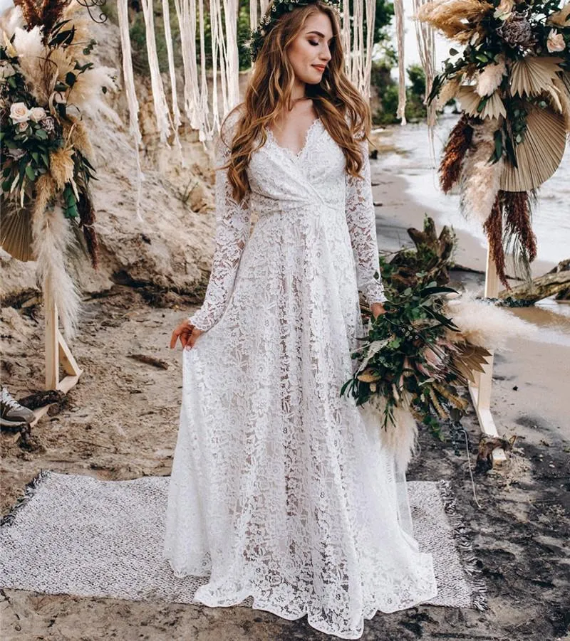 Vintage Style Lace Wedding Dress, Boho V Neck Bridal Gown With Long Sleeves  For Beach Or Rustic Weddings From Haiyan4419, $148.73 | DHgate.Com
