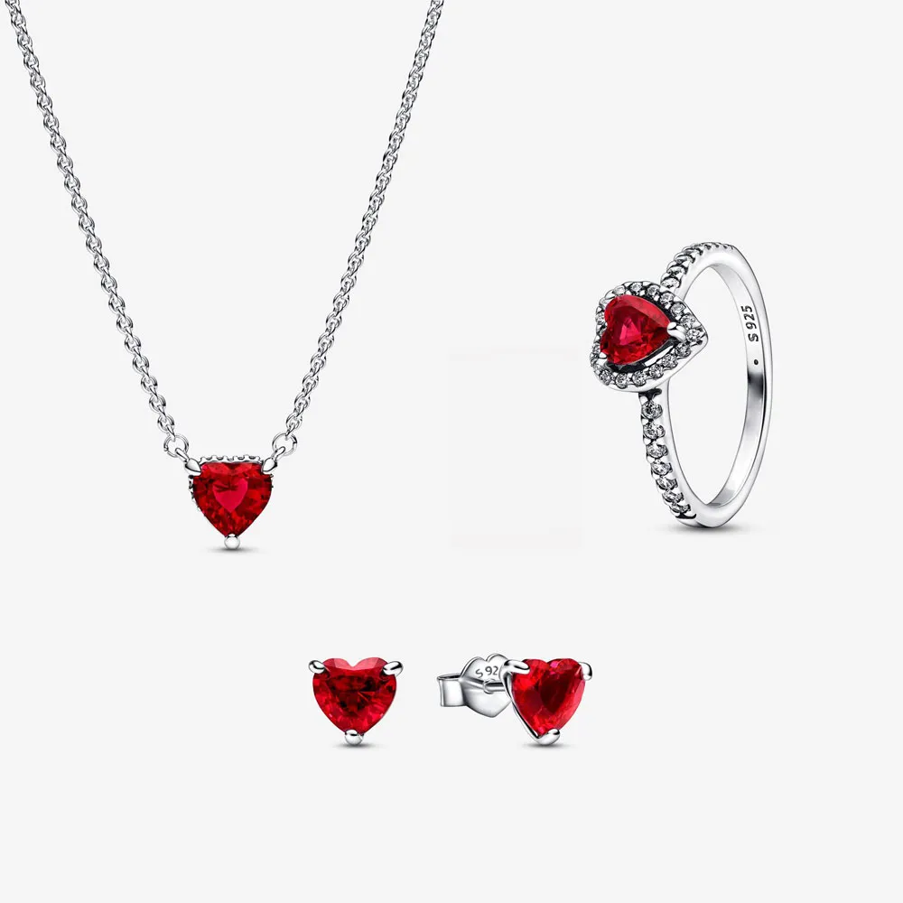 925 Sterling Silver Jewelry Set Sparkling Ruby Red Podwyższone Serce Pierścień Naszyjnik Zestaw Kolczyków Fit Pandora Biżuteria Zaręczyny Miłośnicy Ślubu