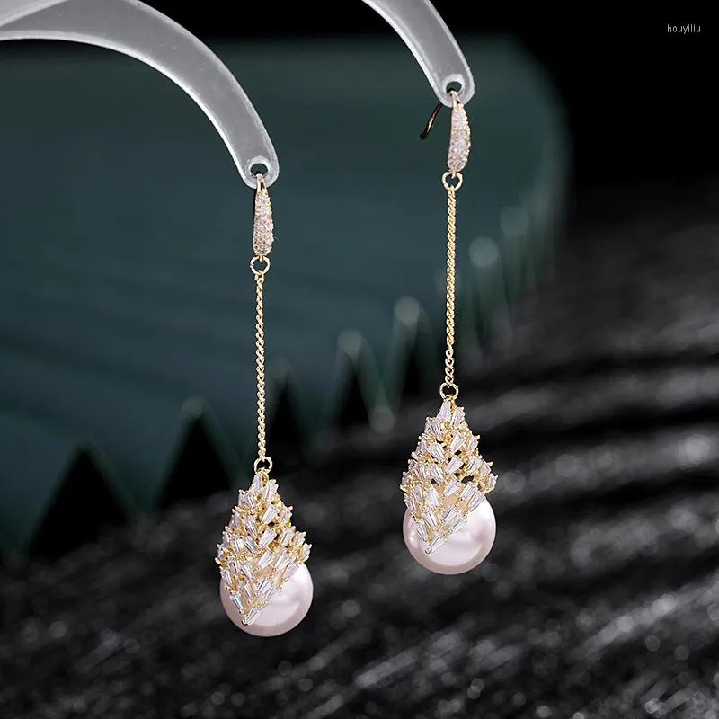Stud -oorbellen 2023 Mooie CZ Crystal Dangle Drop Long Pearl For Women Delicate Party Engagement Sieraden Goud Color Hook Earring