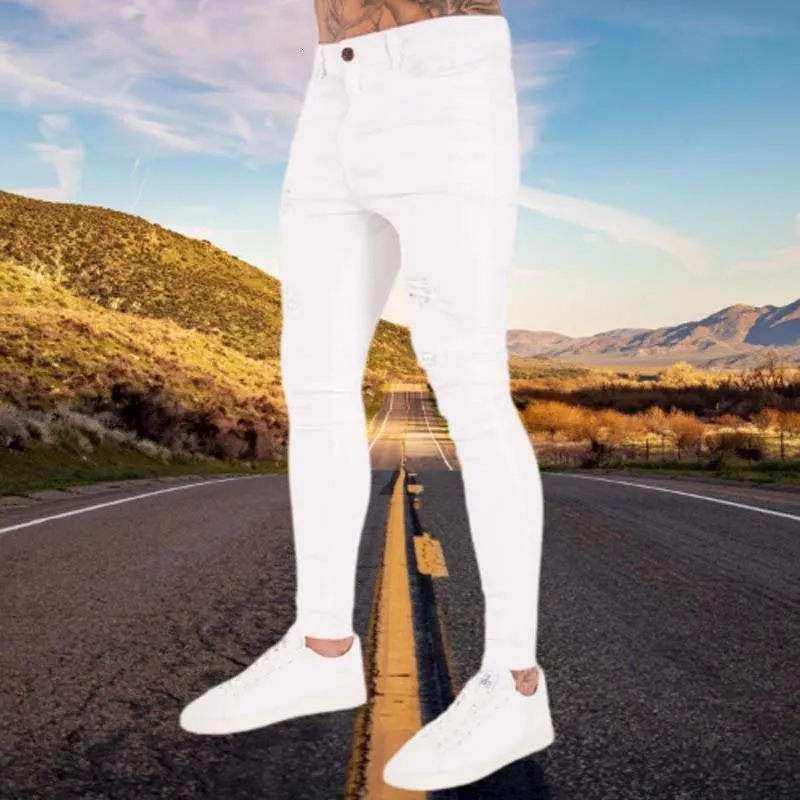 Jeans masculinos Moda Casual Branco rasgado para homens calças magras magras de jeans de jeans elástica cinto de corrida 230113