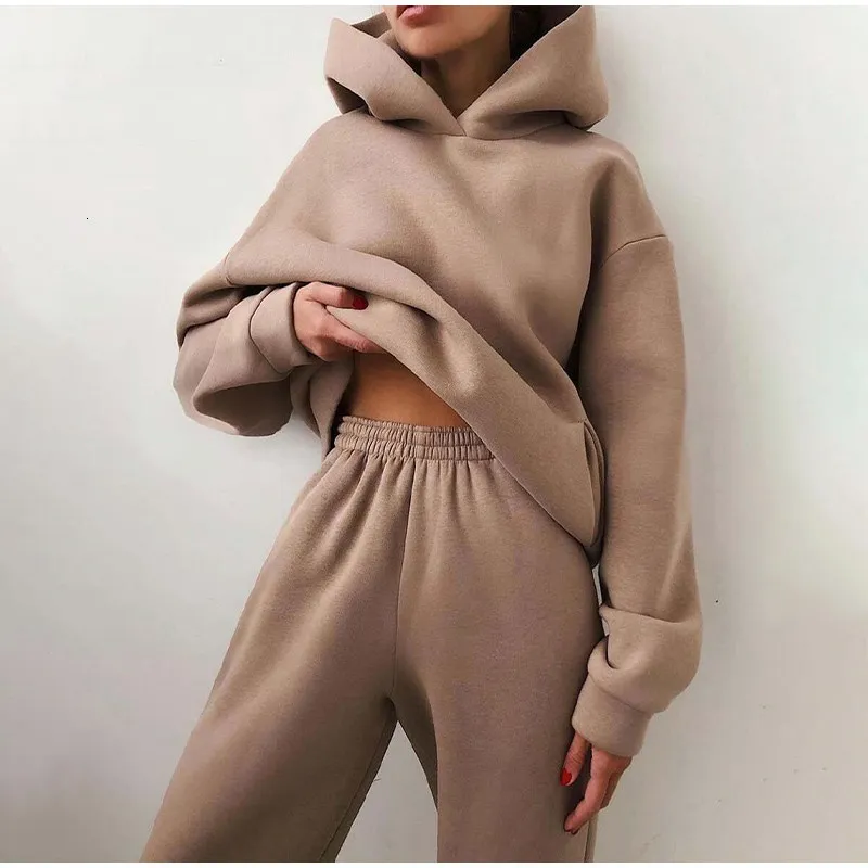 Womens Tracksuits Women Solid Color Tracksuit Casual Warm Long Sleeve Sweatshirt Jogger Pants Two Piece Sets Winter HoodiesPants Sport Suits 230113