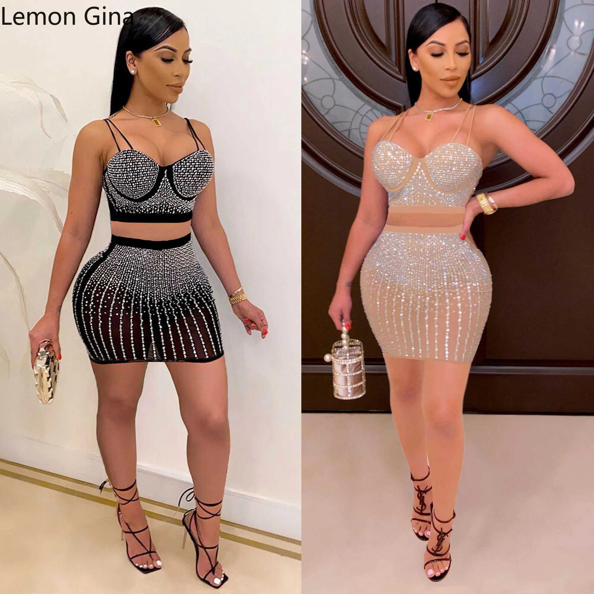 İki Parça Elbise Lemon Gina Elegant Rhinestones Kadın Seti Diamonds Crop Top ve Mini Etekler 2022 Yaz İki 2 Parça Set Parti Kulübü Kıyafetleri T230113