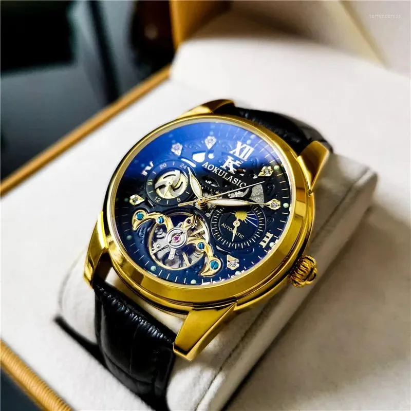 Orologi da polso da uomo Orologio automatico da uomo Tourbillon meccanico Orologi scheletrati in pelle Orologi di lusso multifunzionali impermeabili Relogio Masculino