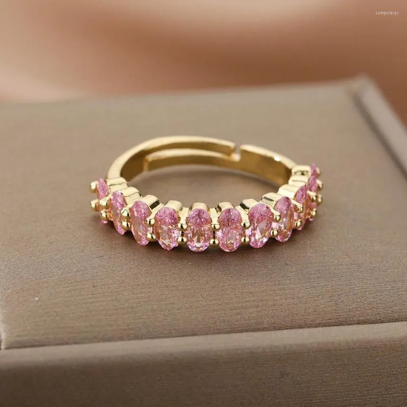 Fedi nuziali Anello con zirconi cubici Rosa Zircone bianco Fidanzamento nuziale Aperto Gioielli con dita regolabili Regalo Bijoux Femme 2023