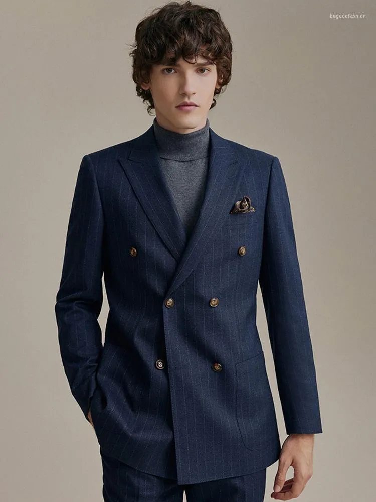 Abiti da uomo doppio petto di lusso a righe blu scuro da uomo Set stile inglese moda matrimonio sposo indossare abbigliamento formale da uomo d'affari quotidiano