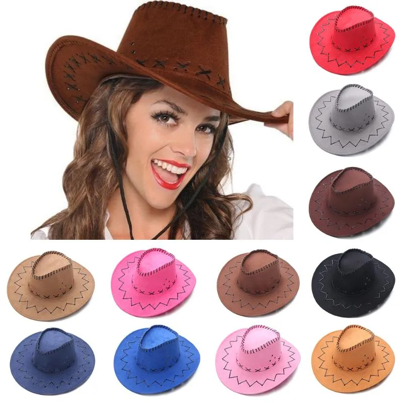 Berretti 1Pc Moda Vintage Cappello da cowboy Stile occidentale Pelle scamosciata Tesa larga Jazz Cappelli Fedora in feltro Accessori per abiti operati per uomo Donna